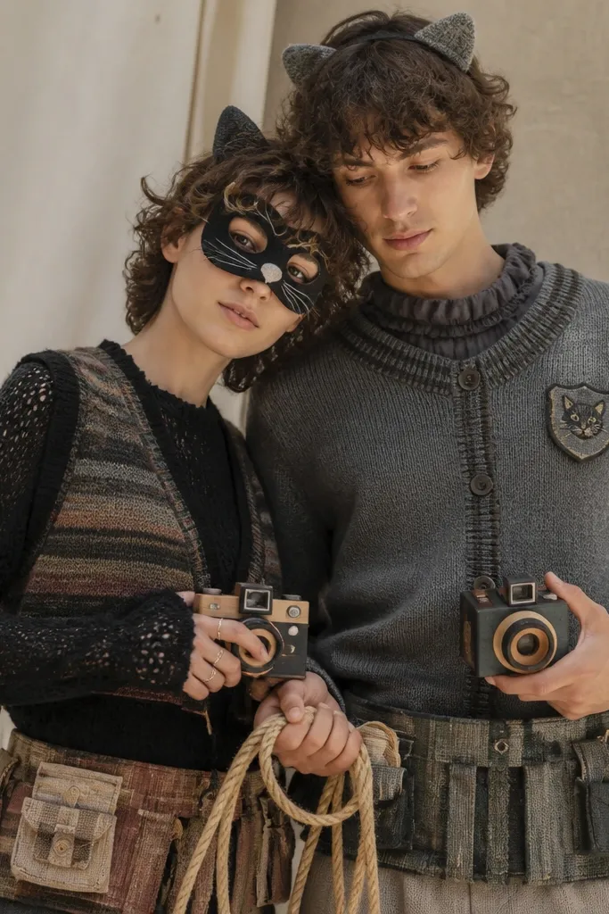 A couple in cat-themed outfits. One wears a black knit top with a striped thrift vest and has a small felt cat mask. The other wears a gray knit cardigan with a stitched "guard" patch. Both have hidden-pocket belts made from thrift fabric, and they hold toy cameras and a small rope.