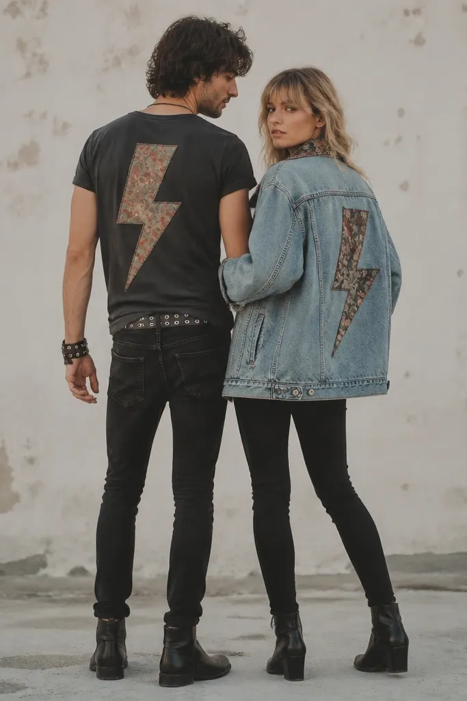 A couple in rock star style. Each wears a thrift band tee with the front mostly plain. The back has been reworked with stitched fabric letters and a large fabric lightning bolt. One has a leather belt and studded wristband, the other has a denim jacket with a patch collar. They wear skinny jeans and black boots.