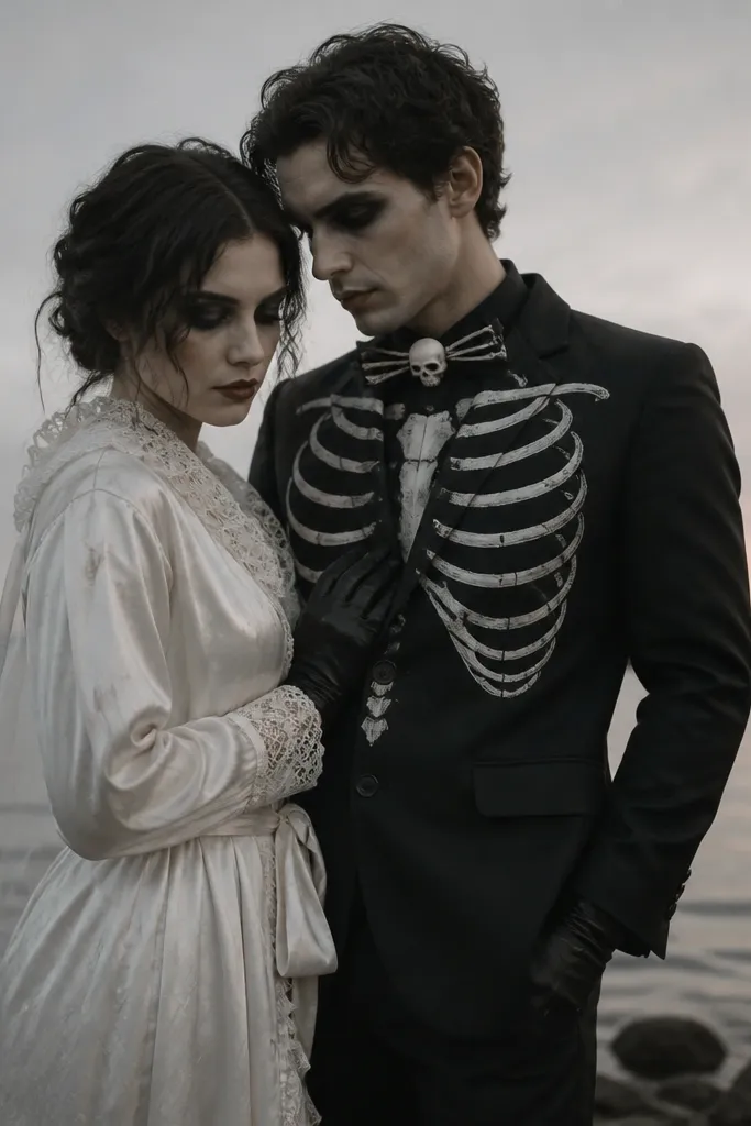 A couple with a spooky-romantic vibe. The bride wears a thrift satin robe in dusty white with a lace collar and faint painted "veil" lines. The groom wears a thrift black suit jacket with a stitched skeleton ribcage pattern on the chest and a small skull bow tie. Both wear black gloves and have pale makeup with dark eye shadow.