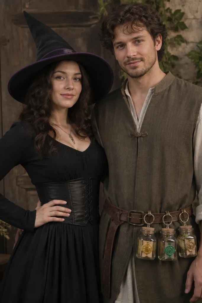 Two people posing together: one in a black skirt and fitted top with a felt witch hat trimmed in purple, the other wearing a simple tunic with three glass jars clipped to their belt. Each jar has a handwritten label with a different color wax seal look in gold and green.