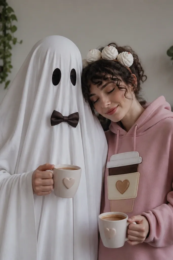 A couple in a coffee-themed setup: one person wears a white sheet draped into a ghost with black eye holes and a tiny bow tie. The other wears a pink hoodie with a paper heart "espresso" cup on the chest and a small headband with foam-textured curls.