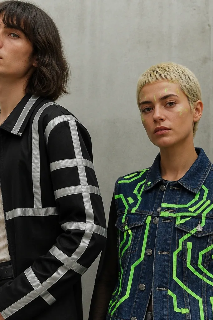 Two people wearing thrifted jackets covered in neon duct-tape lines. One has silver duct tape stripes on black sleeves; the other has a neon green "circuit" pattern across a denim vest with matching glowing-looking face stickers.