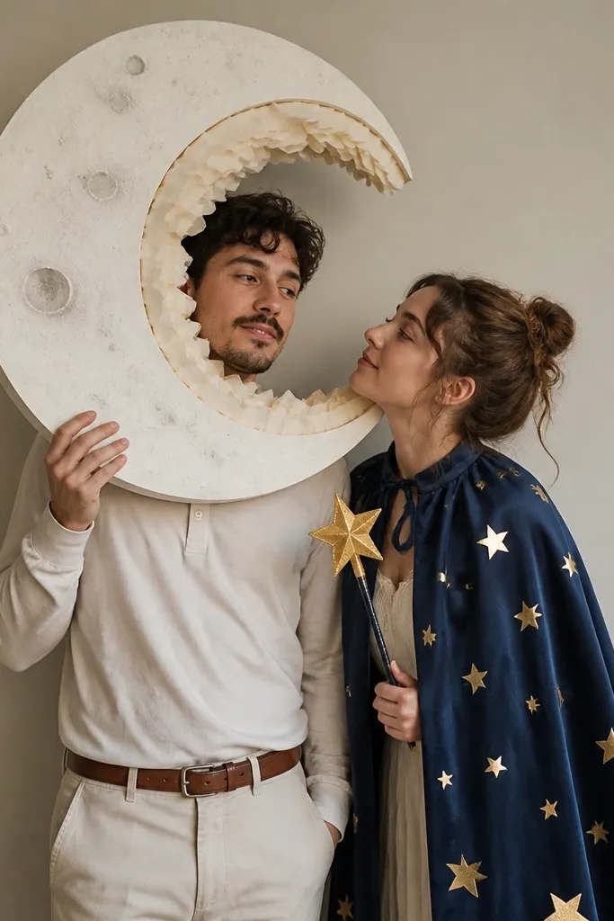 A couple posing with a large foam-and-paper moon headpiece on one person and a star-patterned cape on the other. The moon has a layered rim and tiny painted craters; the partner wears a navy cape with gold star stickers and a matching wand.