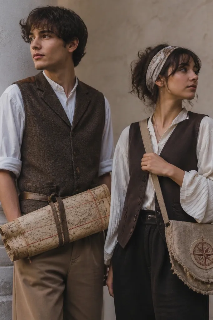 Two people in thrifted vests: one has a large "map" scroll tied around their waist, the other wears a bandana and a shoulder satchel with a fabric compass patch. The map has coffee-stained edges and small red thread arrows.