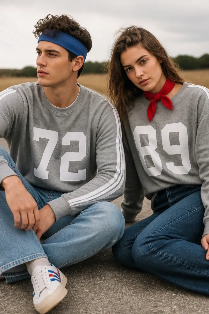 A couple wearing grey sweatshirts with painted lane lines down the sleeves and bold numbers on the chest. One has a red scarf tied around the neck, the other has a blue headband and white sneakers with tape stripes.