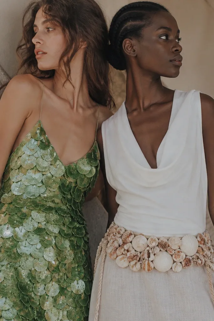 One partner wears a thrifted slip dress covered in overlapping scale shapes made from shiny green fabric scraps. The other wears a white top with a wide belt made from glued seashells and small rope ties.