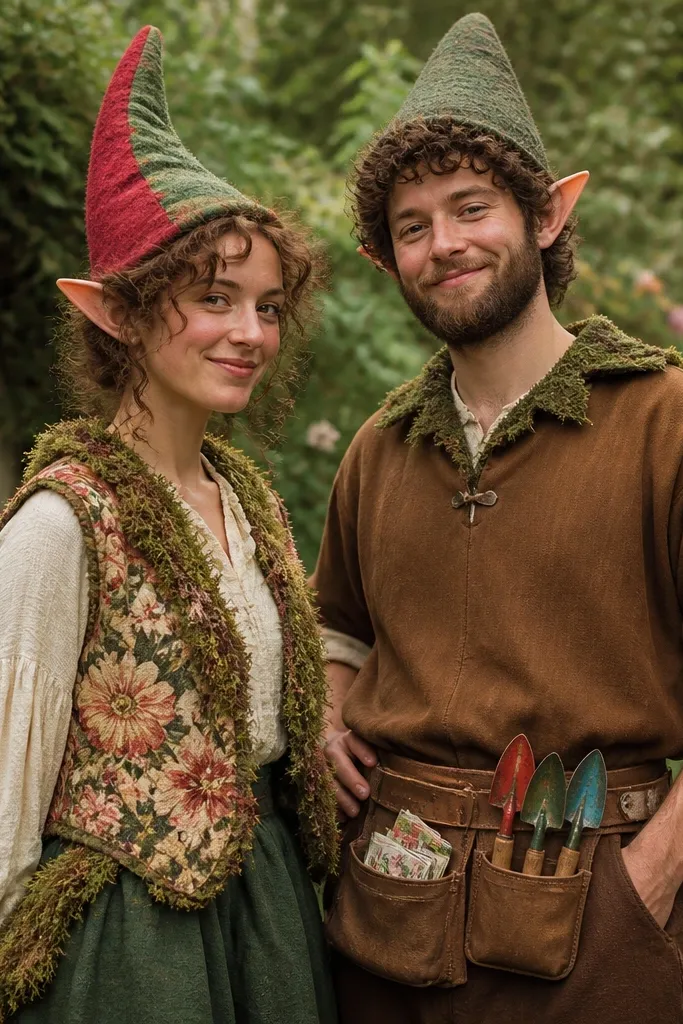 Two people styled as garden gnomes: one wears a red-and-green pointed hat and a floral vest with faux moss trim. The other wears a brown tunic with a tool belt holding tiny painted plastic trowels and seed packets.