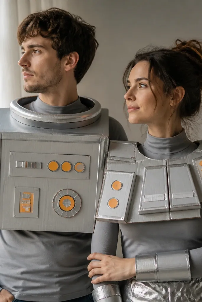 A couple in grey and silver outfits with cardboard chest plates. One has a boxy chest with painted buttons and a neck ring; the other has a shoulder armor made from cut cardboard rectangles with silver tape and orange indicator circles.