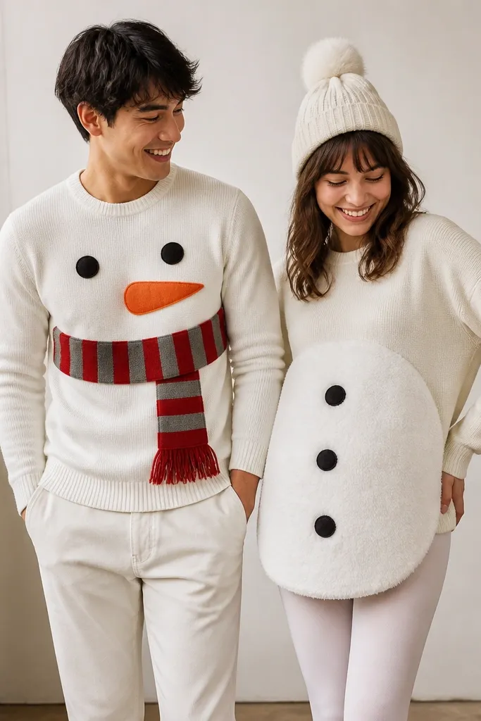 Two people wearing sweaters transformed into snowman outfits. One has a stitched-on scarf and a carrot nose patch on the sweater chest; the other wears a beanie with a fluffy pom and a round felt belly attached over leggings.