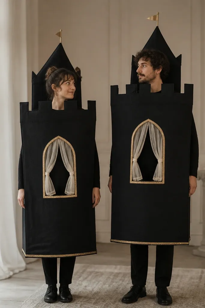 A couple wearing simple black outfits with tall fabric "castle" panels. Each panel has a sewn-on arched window cutout and a small curtain made from sheer fabric, with a gold trim at the edges.