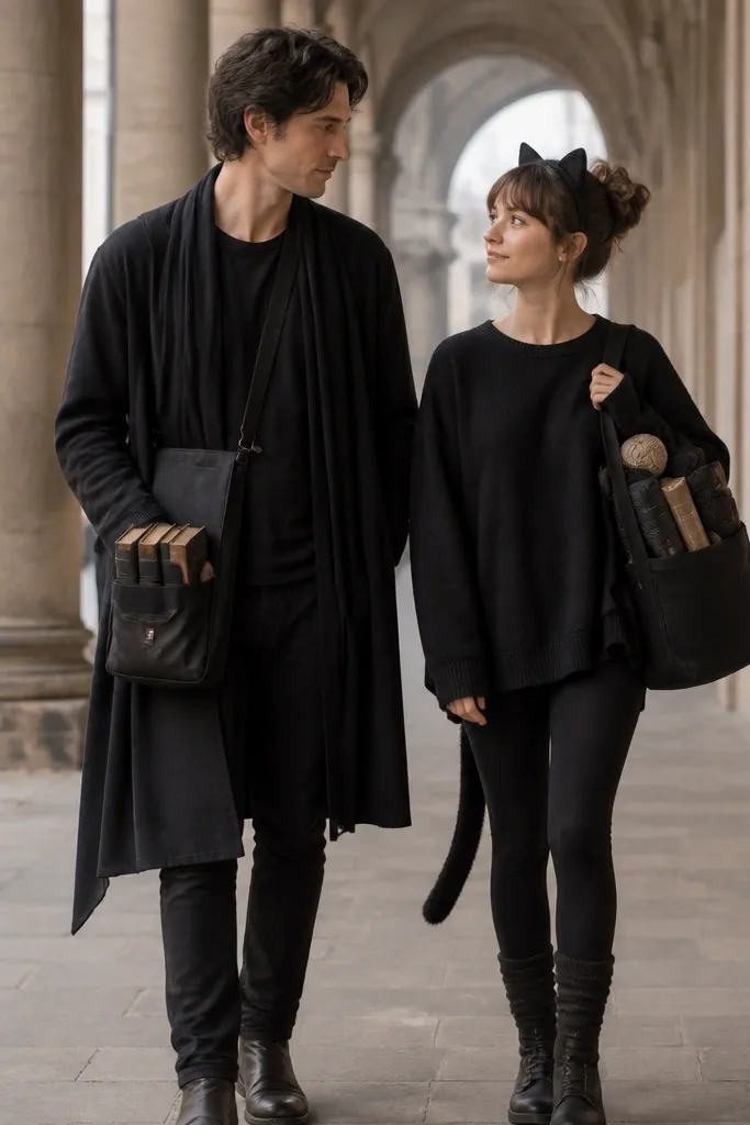 A couple in black: one wears a long black cardigan with a faux leather book pouch and a patch reading "ARCHIVES." The other has a headband with cat ears made from felt and a small tail attached to leggings, plus a tote bag full of yarn "books."