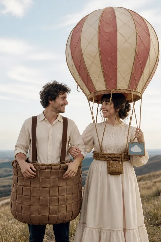 A couple: one wears a balloon basket costume with a rounded wicker look made from brown fabric strips, the other wears a balloon canopy made from striped fabric panels with a small basket at the waist. The balloon canopy has a paper "rope" tie and a tiny weather sign.