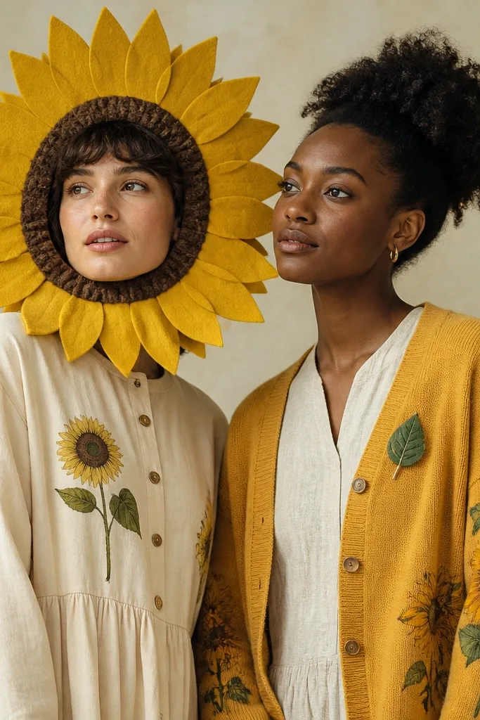 Two people wearing sunflower-themed outfits. One has a big felt sunflower headpiece with layered yellow petals and a brown center. The other wears a mustard cardigan with painted sunflowers on the sleeves and a small green leaf brooch.