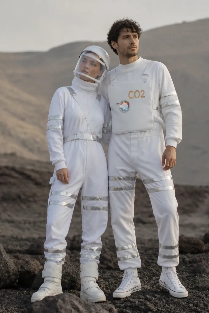 A couple wearing white base outfits with reflective tape strips around arms and legs. One has a homemade helmet visor made from clear plastic and fabric straps; the other has a chest panel with a printed "CO2" label and a small light-up-looking sticker dial.