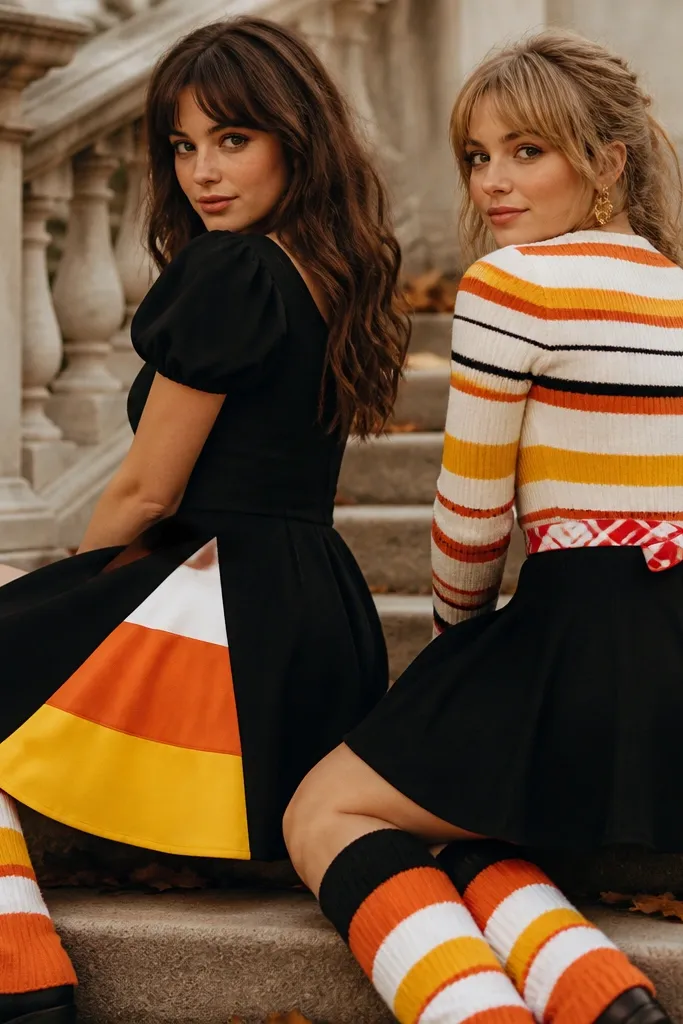 One person wears a dress with a candy corn gradient panel in yellow, orange, and white triangles. The other wears a striped sweater and a red-and-white striped belt with a small bow at the back. Both have matching striped leg warmers.