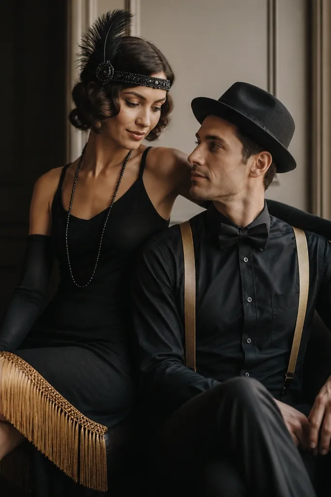 A couple in monochrome gold and black: one wears a black dress with gold fringe trim at the hem and a headband with a feather. The other wears a black shirt with DIY suspenders made from ribbon and a small fedora made from felt.