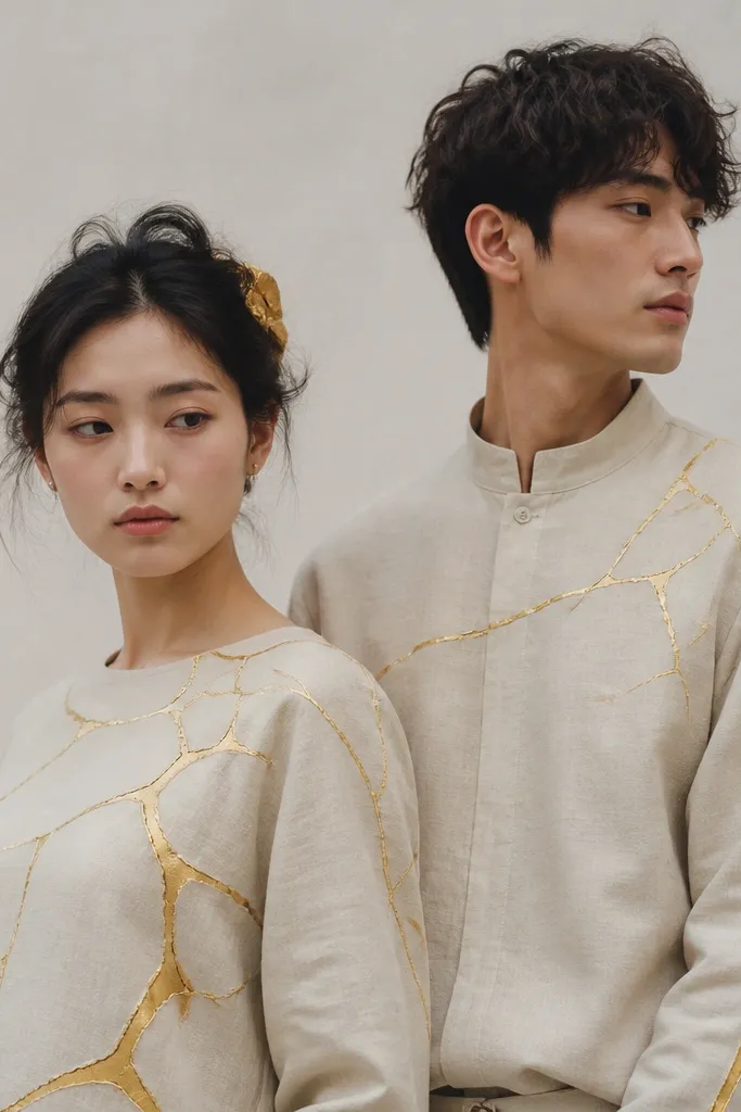 Two people wearing light beige outfits with bold "crack" lines painted on fabric. The cracks are filled with metallic gold paint and a few raised lines using fabric glue. One person has a gold seam down the sleeve; the other has gold lines across the chest and a matching gold hair clip.