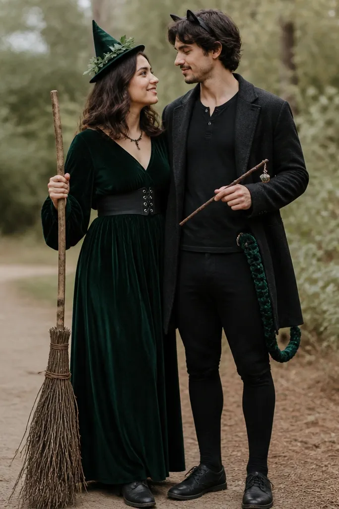 A couple in dark green and black. One has a small witch hat with a leaf band and holds a broom made from twigs. The other wears a cat tail made from yarn loops attached to leggings, plus felt cat ears on a headband and a wand with a charm.