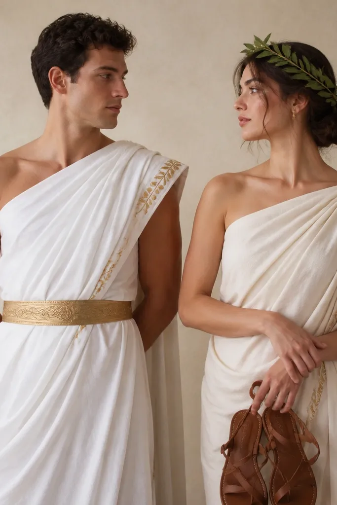 Two people in draped outfits: one in a white toga wrapped across the shoulder with a gold belt, the other in a cream toga with a green laurel headband and a simple sandals prop. Both have painted gold laurel accents on their sleeves.