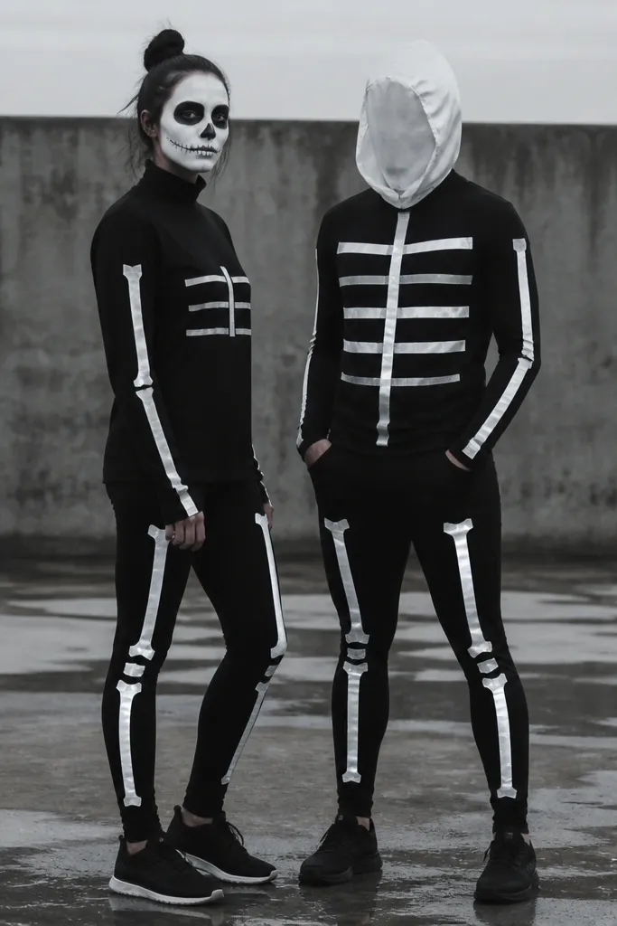 Two people wearing black tops and leggings with white reflective tape arranged as skeleton bones on arms and legs. One has a skull face made from white face paint and black eye sockets; the other has a white hood with tape ribcage lines.