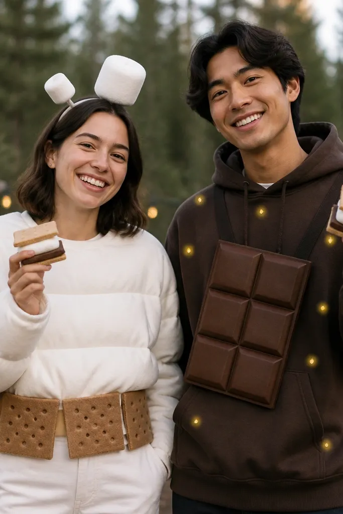 Two people holding s'mores props: one wears a white puffy top with a foam marshmallow headband and has a brown felt "graham" belt. The other wears a chocolate-brown hoodie with a foam chocolate bar strapped across the chest and small firefly-like light stickers.