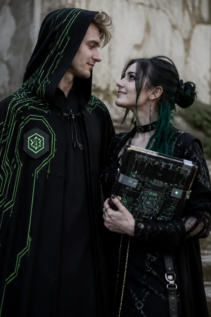 A cyber-witch couple: one wears a black cloak with neon green circuit lines drawn in fabric paint and a small glowing-looking rune patch. The other carries a large "spellbook" made from a repurposed binder, covered in tape circuits and small LED-like stickers.