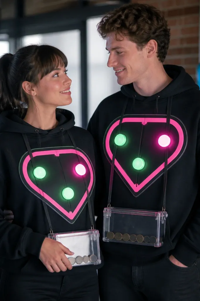 Two matching arcade-themed outfits: black hoodies with neon pink and green puck lights shaped like hearts on the chest panels, plus small pixel-style stickers on sleeves; each person has a clear plastic coin-box prop with a hidden battery pack pouch on the inside.