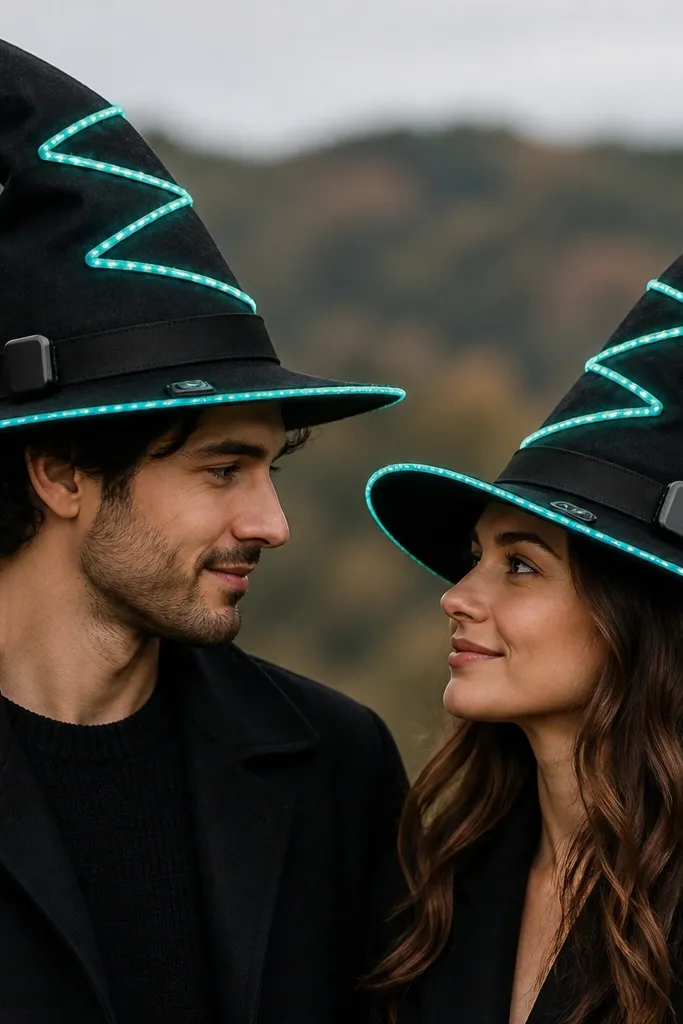 A couple wearing tall witch hats made from black felt; thin teal LED strip segments trace the brim and zigzag up the sides, with clip-on battery packs tucked into the hat band; the front shows a small switch tab near the temple.