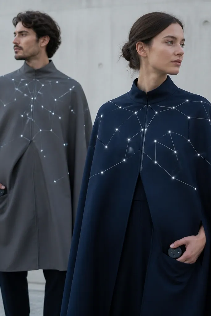 Two people in gray and navy capes; small white LED micro dots mapped like constellations across the capes and chest, connected with thin silver washi tape lines; each cape has a hidden pocket holding a small controller.