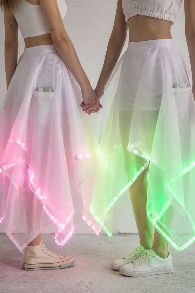 Two matching skirts made from layered translucent fabric panels like paper lanterns; RGB LED strips run along the hem edge, glowing pink and green, with battery packs clipped into side pockets.