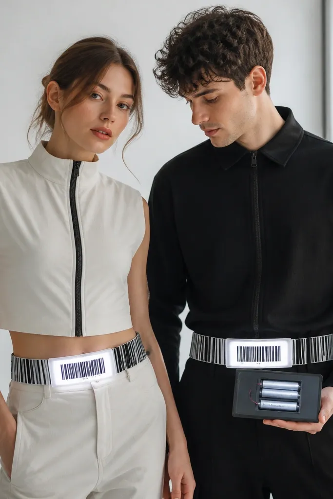 Two outfits with matching black-and-white striped barcode belts across the waist; thin white LED strips glow behind barcode paper labels, and a small screen prop in the hand shows a battery pack compartment.