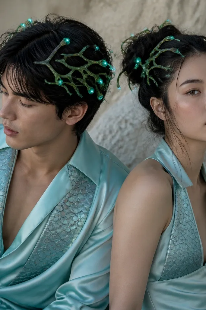 Two people with dark hair wearing multiple flexible green filament hair clips shaped like seaweed; small teal LEDs blink softly at the tips, and the outfits are aqua satin with scale-pattern fabric panels.