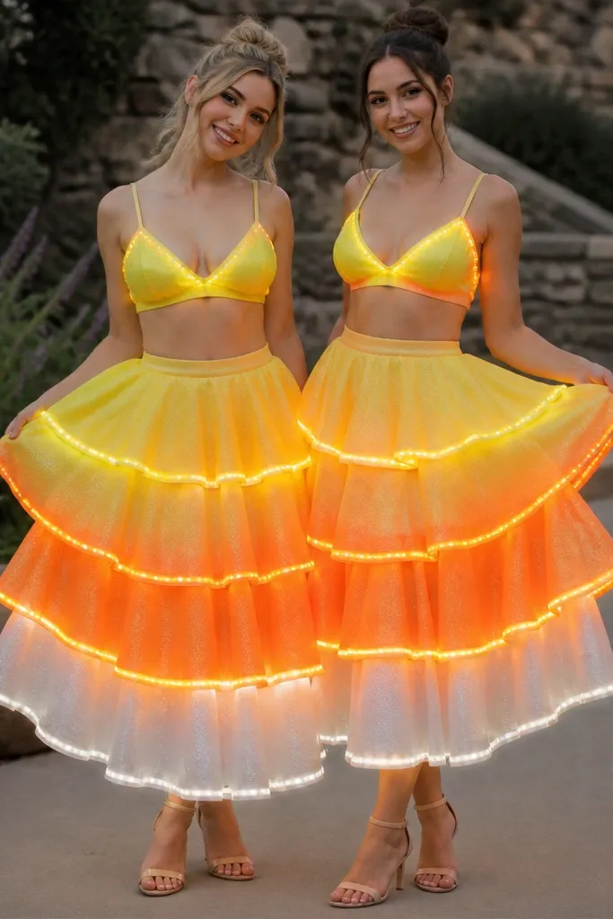 Two yellow-orange-white tiered skirts and matching tops; each tier edge has warm LED strip lighting that matches the candy corn colors, with battery packs stored in a hidden zipper pocket.