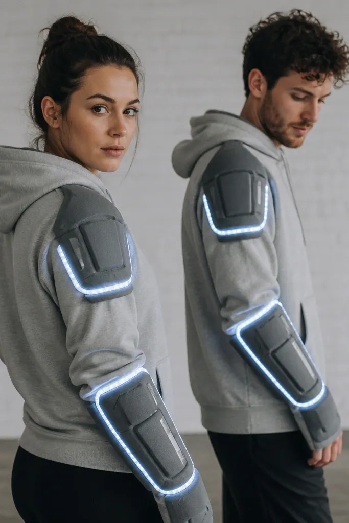 Two people in gray hoodies with foam robot arm sleeves; LED strips trace along the elbow and forearm seams, with small "panel" rectangles made from reflective tape.
