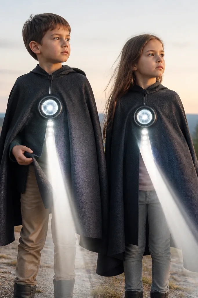 Two matching capes with a projector theme; each cape has a "lens" circle on the chest and a bright white LED band that shoots downward like a beam, with a small controller hidden under a cape panel.