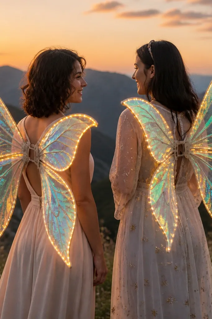 Two people wearing lightweight fairy wings made from wire ribs and iridescent fabric; LED strips trace the edges of each wing, and each wing has a zippered inner pouch for battery packs.