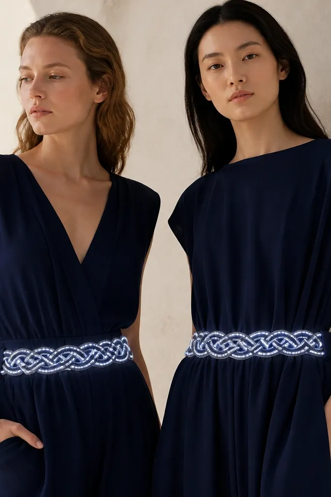 Two navy outfits with rope-braid belts; thick faux rope is stitched into a knot pattern, and thin white LED strips run along the braid grooves; battery packs sit in belt side pockets.