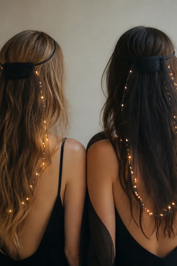 Two headbands with thin black veils; LED micro dots glow along the veil edge like tiny stars, and each person has a small hidden battery holder in a fabric pocket on the back of the headband.
