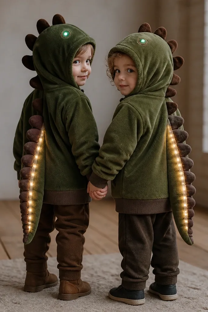 Two matching green-and-brown dino hoodies; the tail has a ribbed foam tube with a warm LED strip running down the center, and the hood has small eye LEDs.
