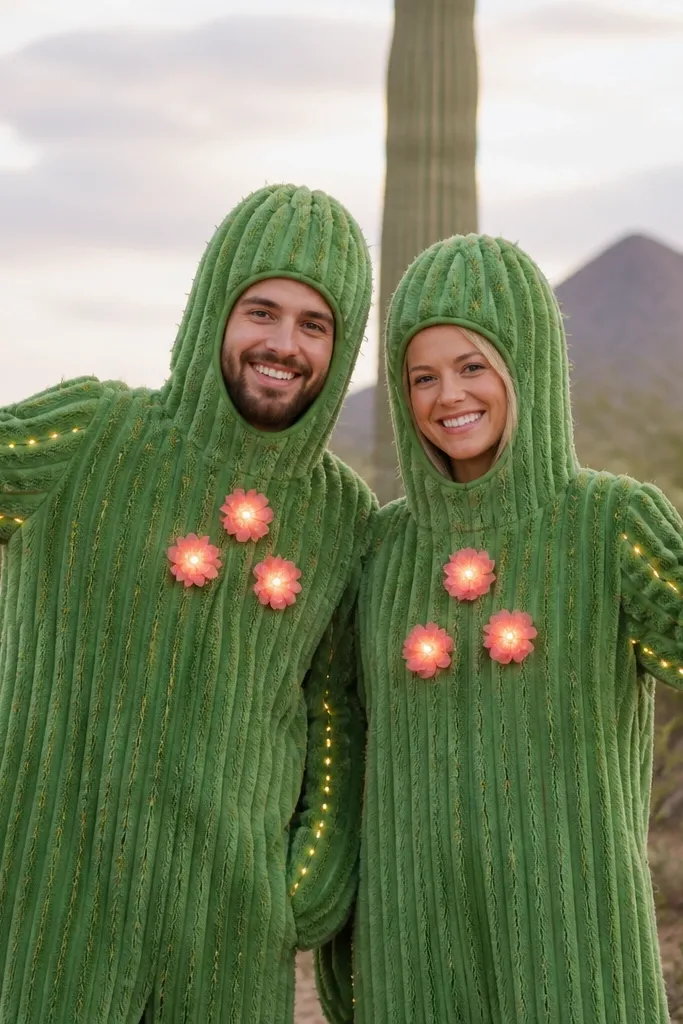 Two people in textured green cactus costumes; each has three LED bud flowers on the chest and a small LED strip line along cactus arms; battery packs are stored in side seam pockets.