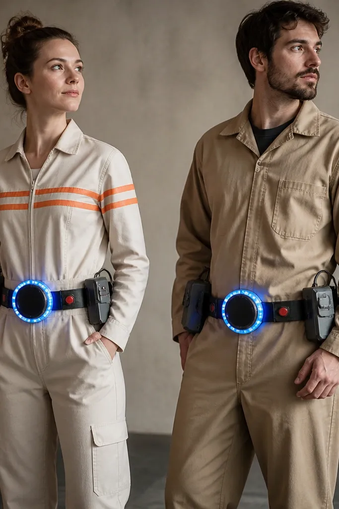 Two outfits with DIY proton belts: circular rings on the waist with blue LED glow, plus foam "canister" boxes; the rings have removable battery holders and a visible switch button on the belt.