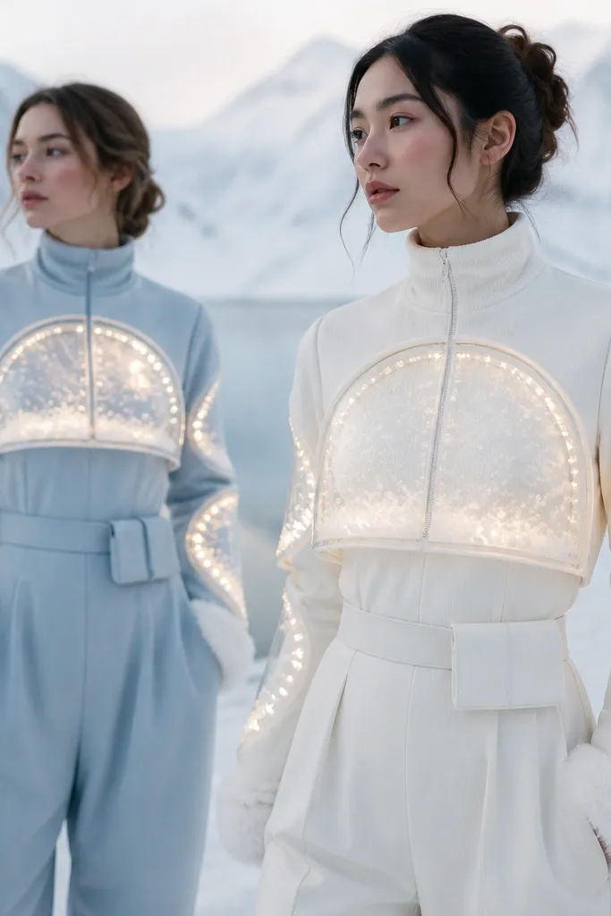 Two winter-themed outfits with transparent PVC half-circle frames on the chest and arms; inside the frame are warm LEDs and tiny faux snow flakes; battery packs are hidden in a belt pouch.