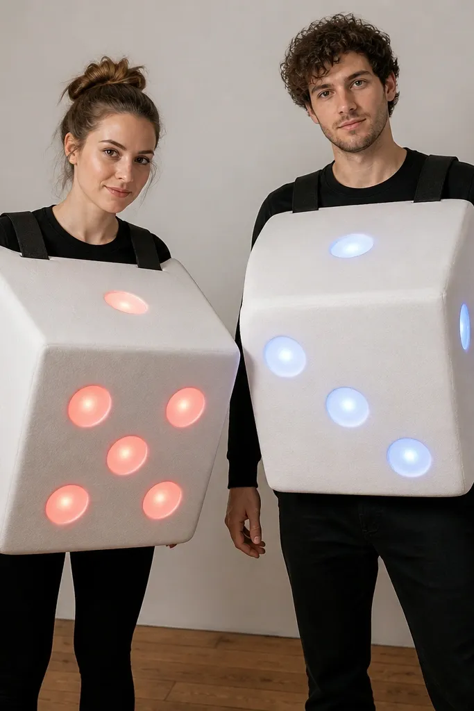 Two oversized foam dice props worn like vests; each face has LED dot patterns glowing through translucent patches, with battery packs in a hidden back pouch.