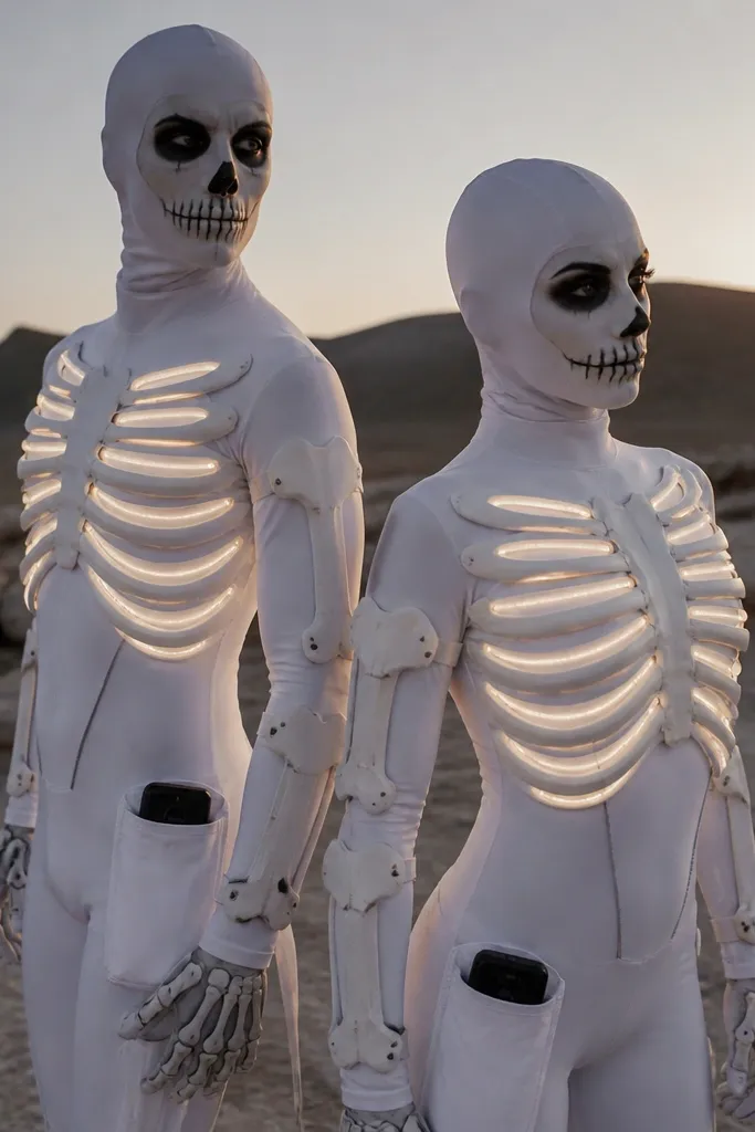 Two skeleton-themed costumes with white stretchy fabric; rib panel strips glow along the chest and ribs using thin LEDs, while the arms have clip-on rib plates; battery packs sit in hip pouches.