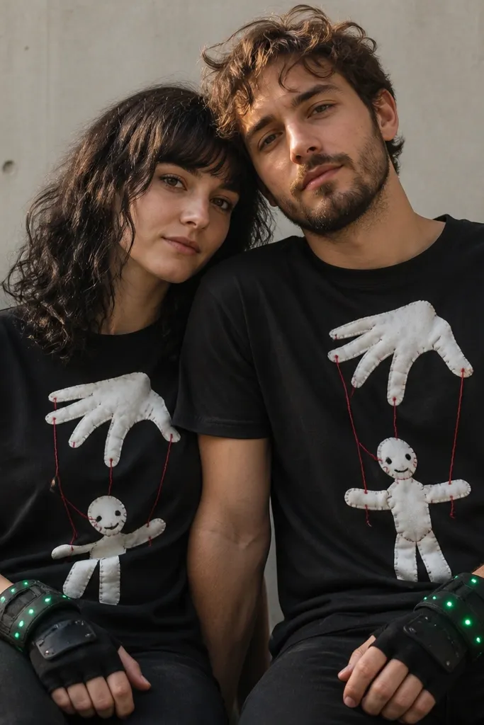 Two people wearing black fingerless gloves with light-up controller bands; small green LEDs line the wrist and pulse gently; the couple wears matching puppet-themed shirts with felt strings.