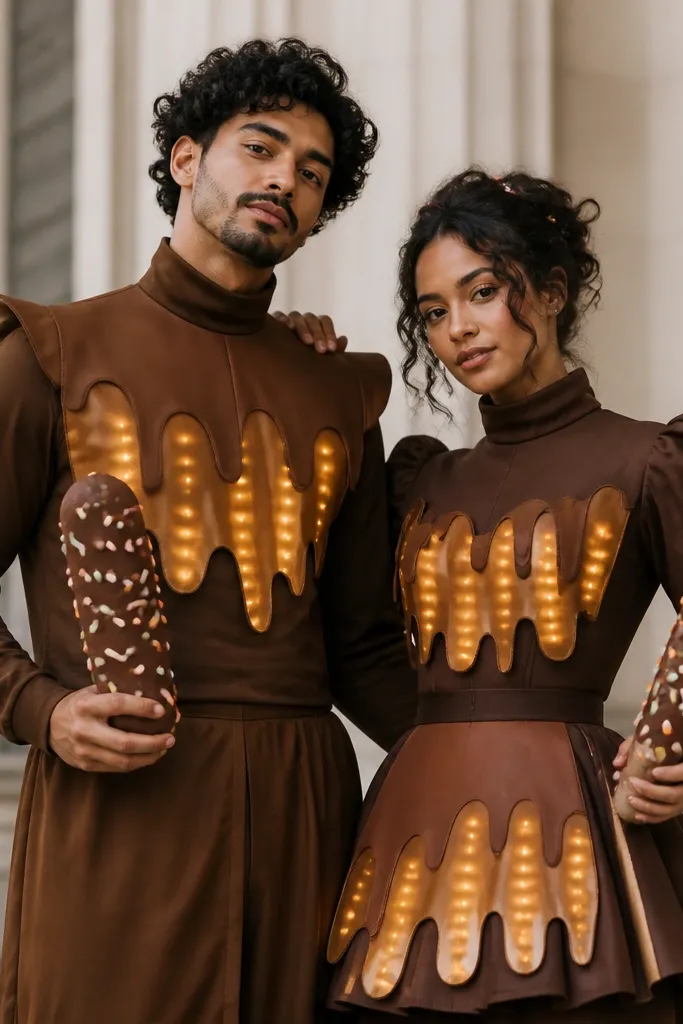 Two brown-themed outfits; each has a chest and skirt panel shaped like chocolate drips with warm amber LEDs glowing behind translucent fabric; the couple holds matching "sprinkles" props.