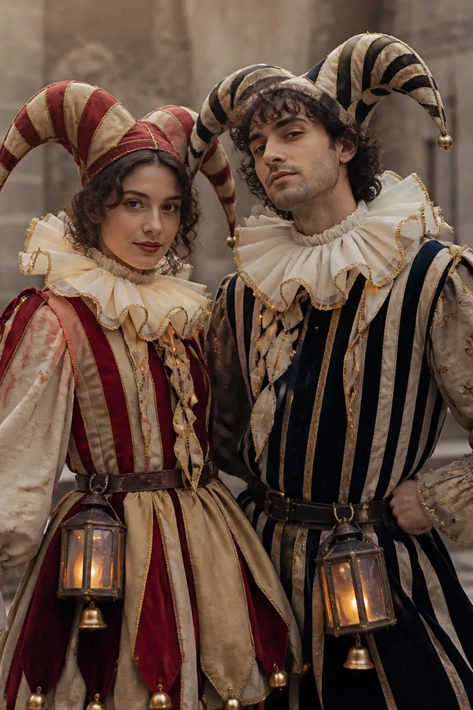 Two jester outfits with striped fabric hats; each person has a small lantern-shaped pouch on the waist with a bell charm and warm LED glow; ribbon ties have tiny LED dots.