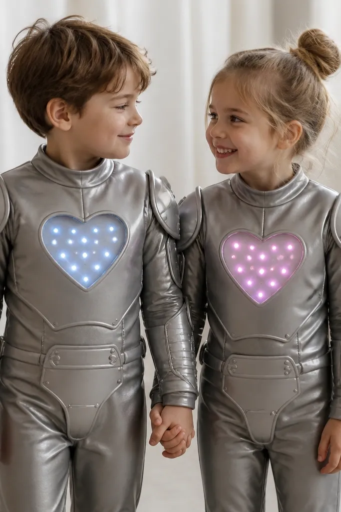 Two matching robot outfits with metallic gray fabric; each has a chest plate shaped like a heart with a translucent window and flashing LEDs behind it; battery packs are hidden in back armor segments.