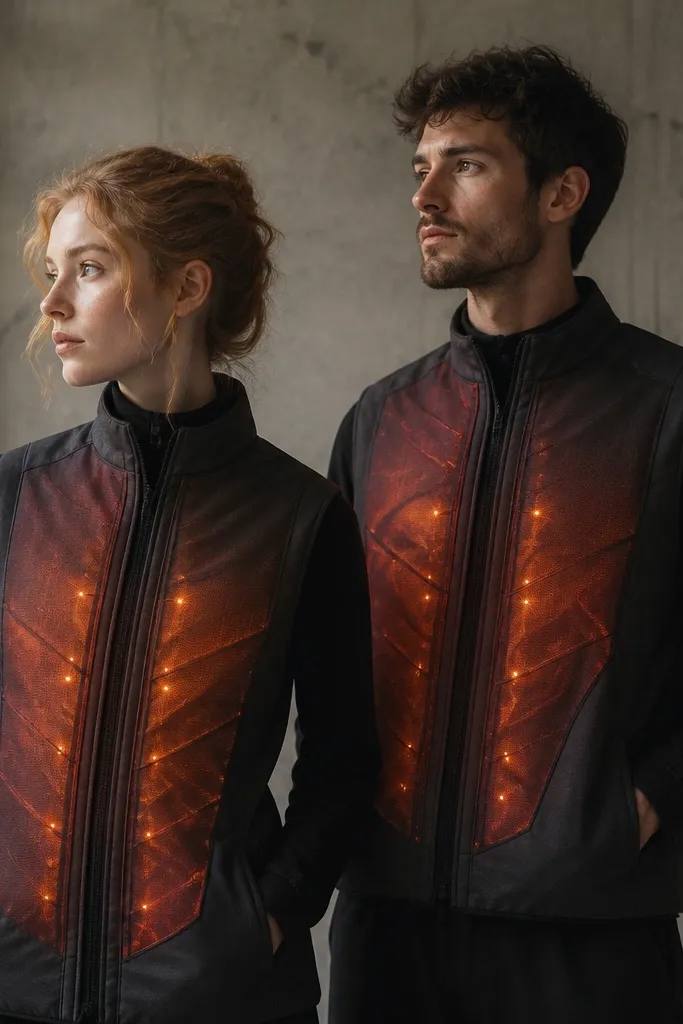 Two charcoal vests over black shirts; each vest has an ember panel with warm orange LED dots and translucent red-orange fabric, plus a small battery pack in a hidden inner pocket.