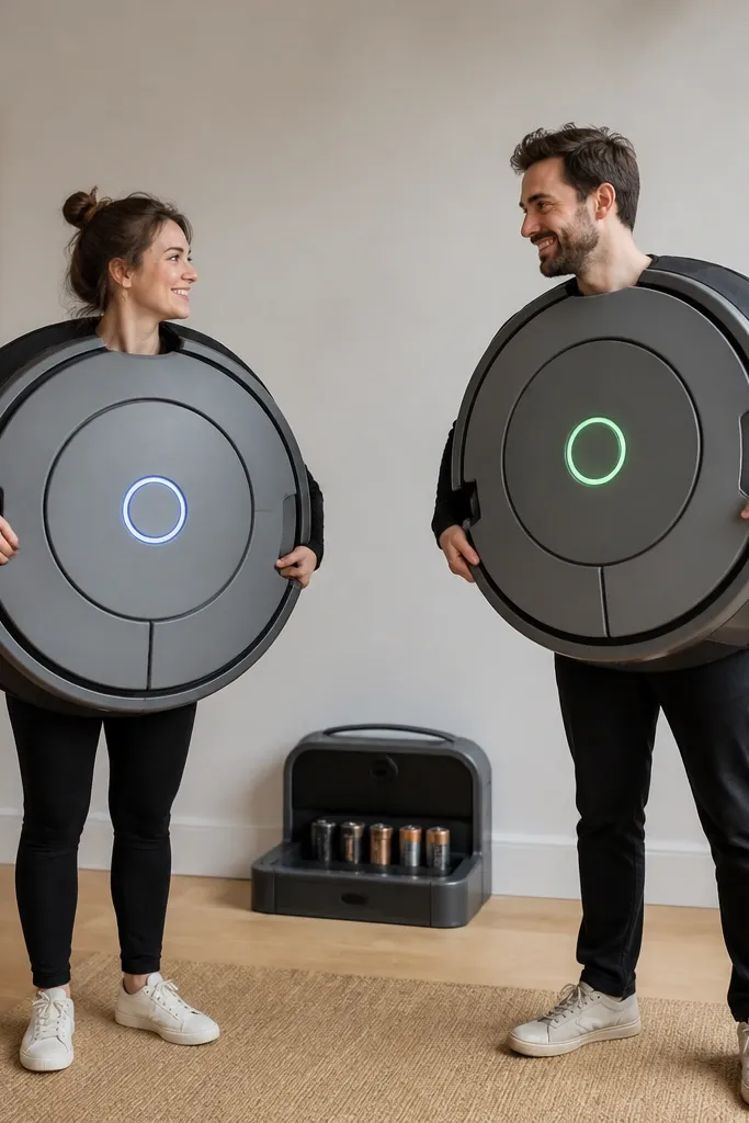 Two round-bodied Roomba costumes made from gray foam panels; each has a glowing "status light" ring on the front and a small home base prop behind them with a storage slot for batteries.